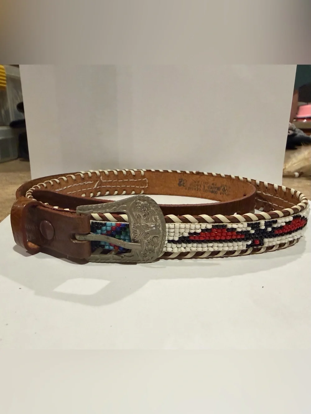 Vintage Native American Thunderbird Hand Beaded. Leather/Cowhide belt